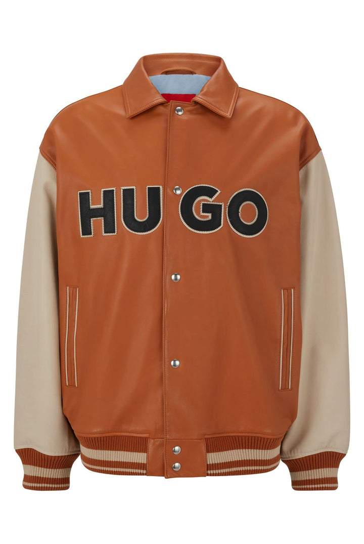 HUGO Herren Luganos College-Jacke aus Leder im Colour-Block-Design mit Logo XS Orange, XS Orange