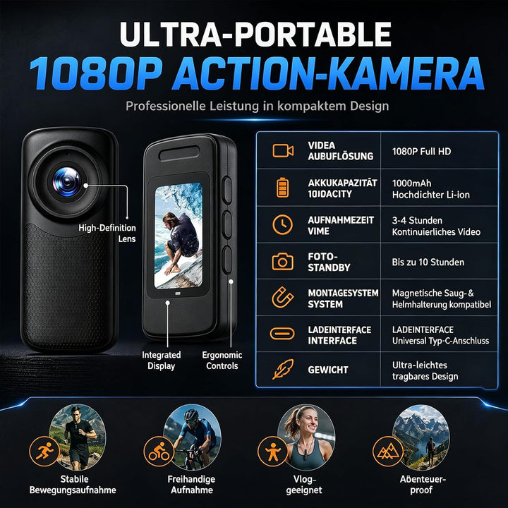 Tragbare magnetische Daumen-Action-Kamera, 1080P HD Body Cam mit 110-Grad-Weitwinkelobjektiv und 100