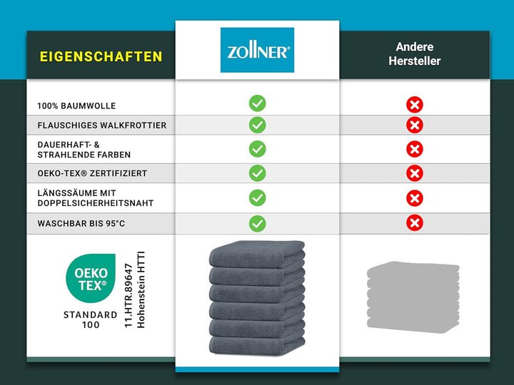 ZOLLNER 6er Set Handtücher, 50x100 cm, Baumwolle, Kochfest, grau 50 x 100 cm Grau, 50 x 100 cm Grau