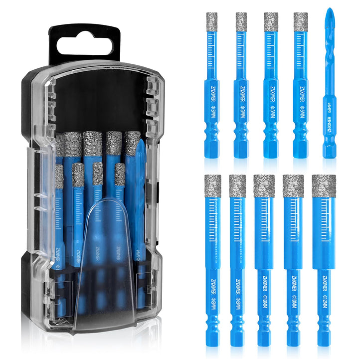 Fliesenbohrer Diamantbohrer Glasbohrer Set 10-tlg. 5, 5, 6, 6, 8, 8, 10, 10, 12 mm + 6 mm Karbidbohr