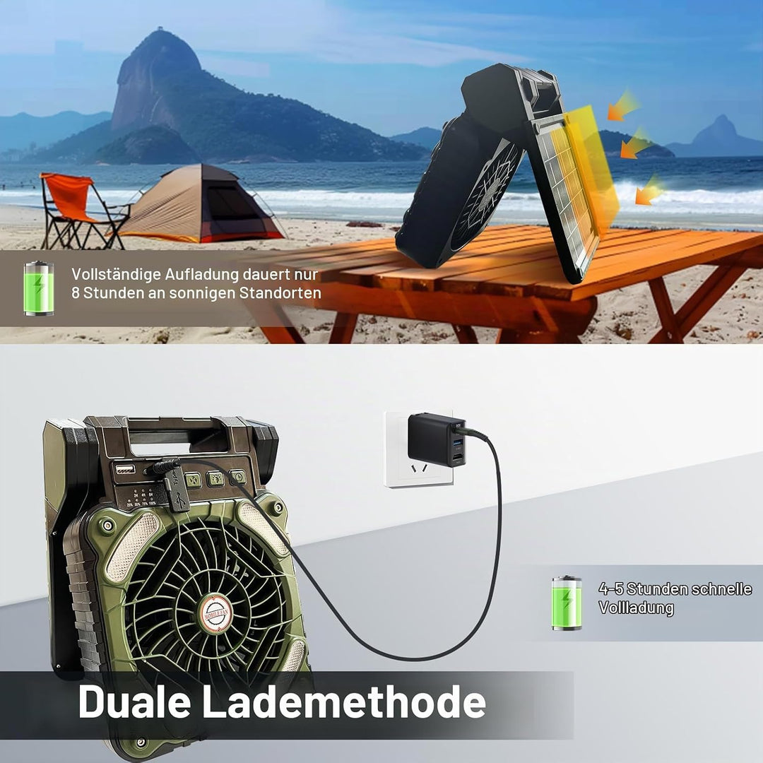 GY Solar Camping Ventilator mit LED-Licht &amp; 10400mAh Akku – 4 in 1 Tragbarer Tischventilator, 4 Gesc