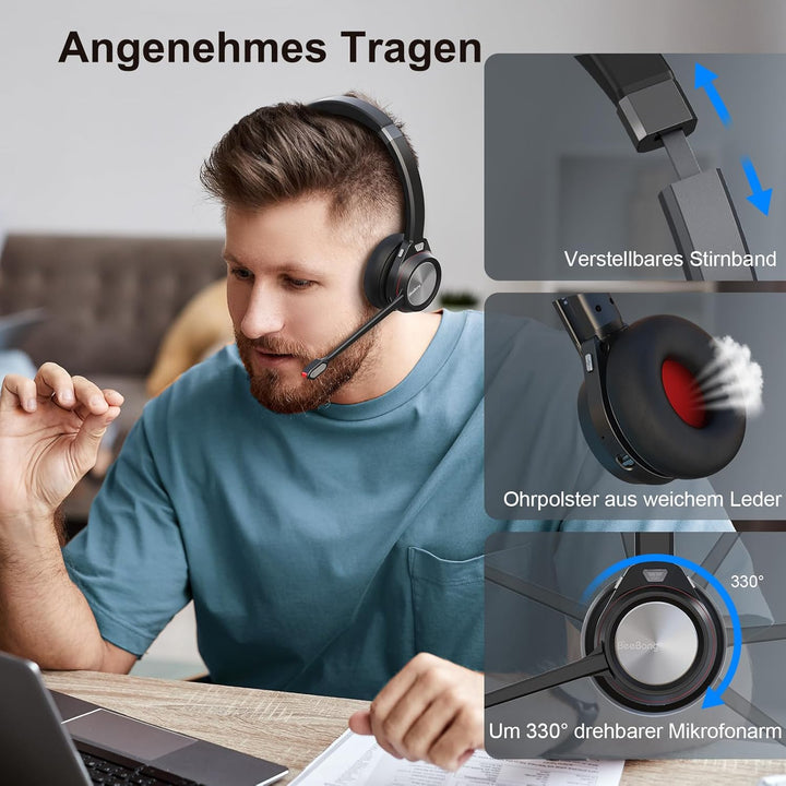 Wireless Headset, Mono Bluetooth 5.2 Headset mit Mikrofon &amp; USB Dongle für PC, 30 Stunden Sprechzeit