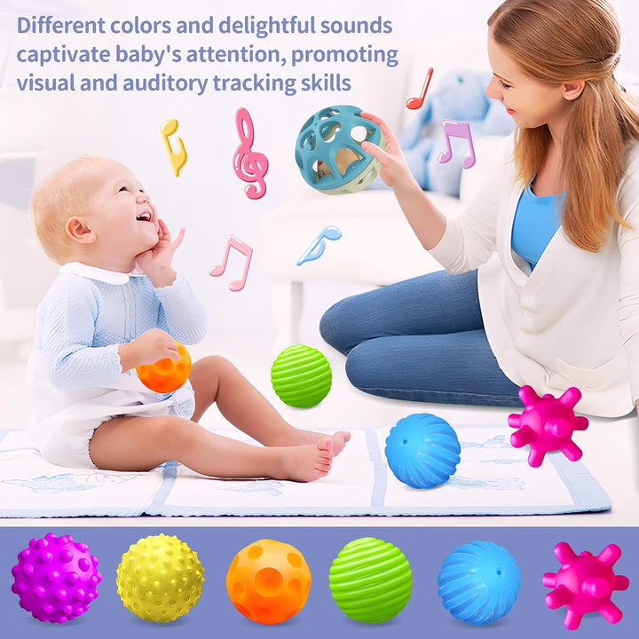 Montessori Sensory Toys for Babies, Textured Baby Balls &amp; Wheat Straw Rattle, Developmental Toys for