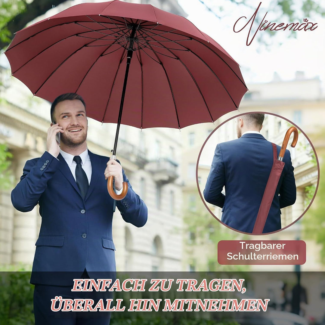 NINEMAX Regenschirm Gross Sturmfest,Stockschirm mit Holzgriff füR Herren Damen,Stabiler 16 Knochen R