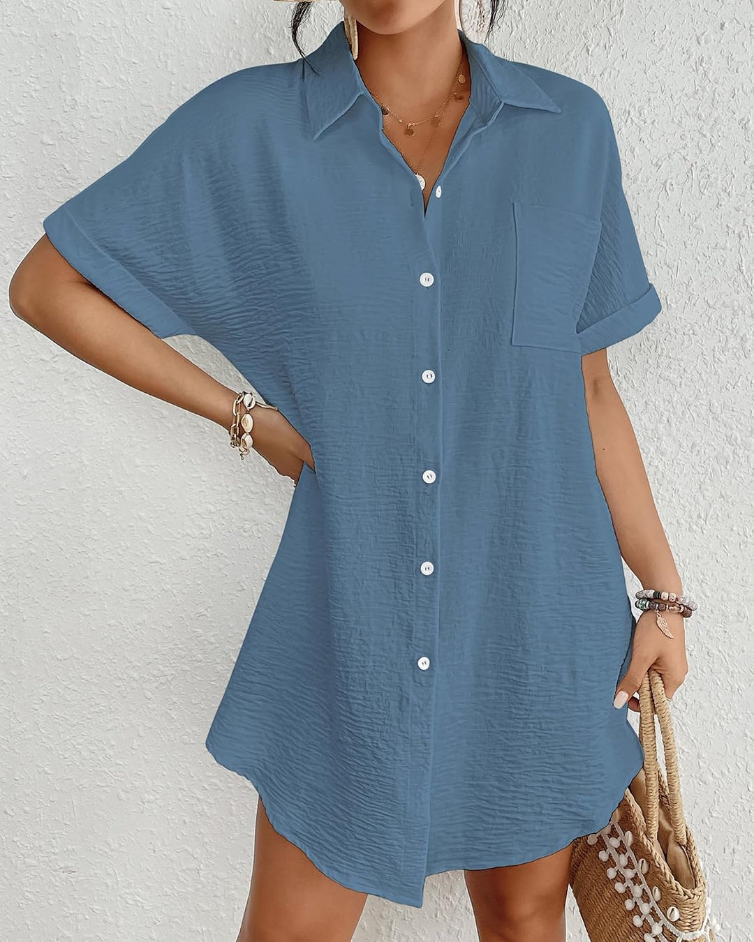 Bsubseach Frauen Badeanzug Coverup Shirt Kleid Button Down Badeanzug Cover Up Beachwear Haze Blue M,