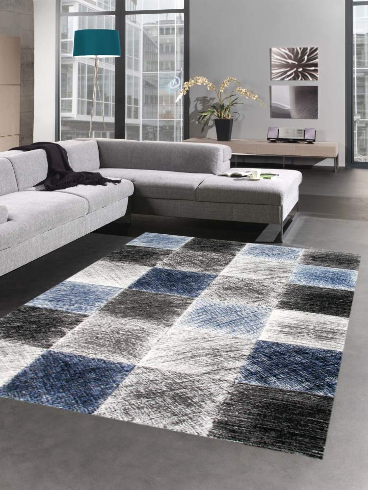 CARPETIA Teppich modern Wohnzimmerteppich karo blau grau schwarz Grösse 160x230 cm, 160x230 cm