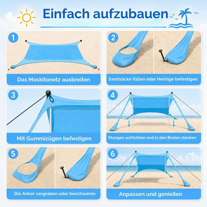 Strandzelt – Sonnensegel Strand 2.1x2.1m mit UV Schutz UPF50+, windstabil &amp; leicht, Strandmuschel mi