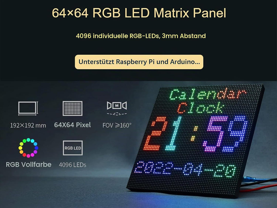 Waveshare RGB Full-Color LED Matrix Panel 3mm Pitch 64×64 Pixels 4096 Individual RGB LEDs Adjustable