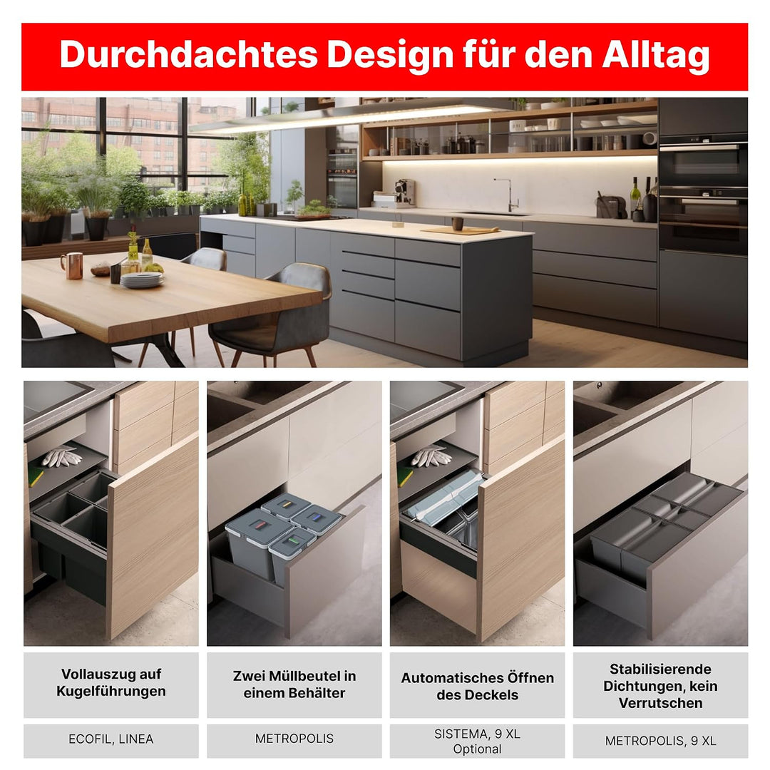 Mülltrennsystem 9 XL für 80 cm Schublade - Einbau-Mülleimer mit 3 Fächern (1x 20L, 2x 9L), Abfalleim