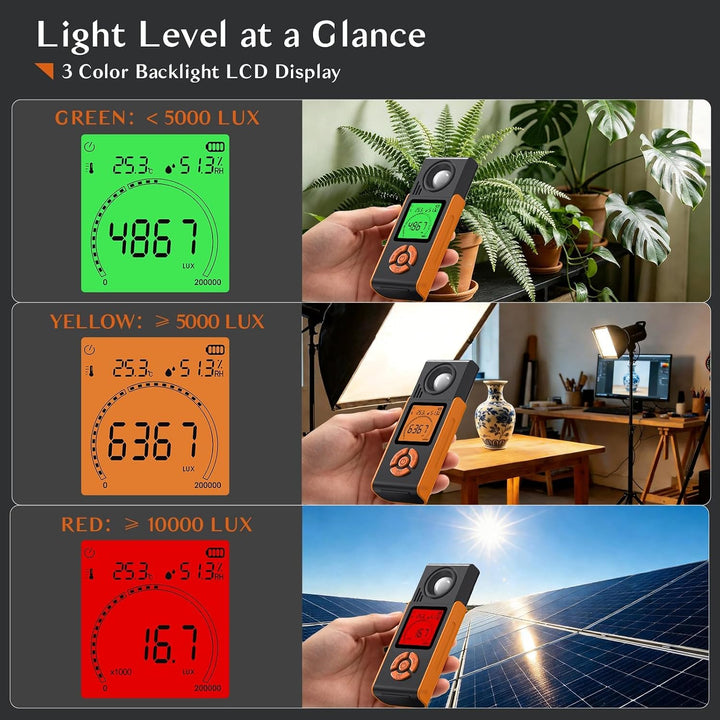 Digitales Luxmeter mit 3-Farben-Display 0 bis 200.000 Lux