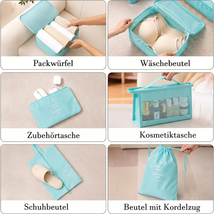 Packing Cubes 8er Set Koffer Organizer Packwürfel Set wasserdicht Türkisblau, Türkisblau