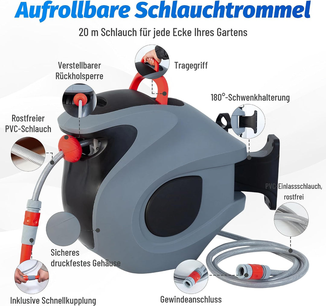 30m Automatische Gartenschlauchtrommel mit 9-fach Sprühdüse, Wandhalterung &amp; verstellbarer Rückholsp