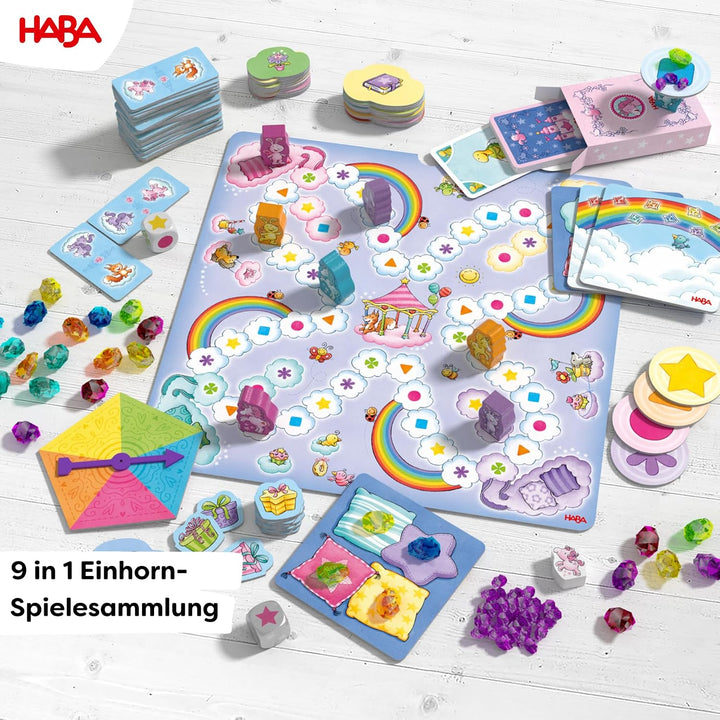 HABA Einhorn Glitzerglück Spielesammlung – 9 in 1 Spiele Set: Würfel-, Brett- &amp; Kartenspiele für Kin