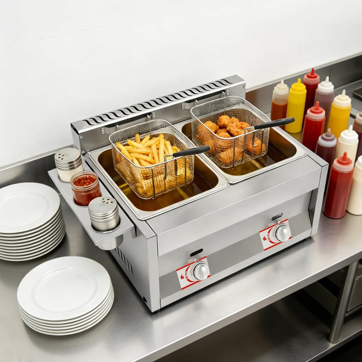 Kommerzielle Gas-Fritteuse mit Korb und Deckel, 2 x 6 L Edelstahl Fritteuse