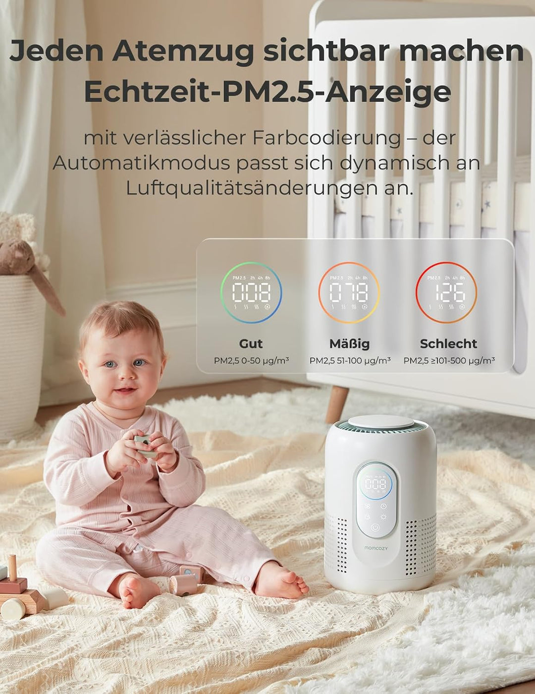 Momcozy Luftreiniger für das Kinderzimmer, 4-Filtersystem mit H13 HEPA- und Aktivkohlefilter, Echtze