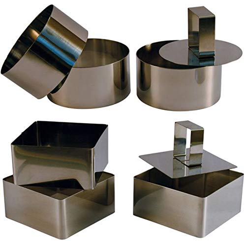 3 runde und 3 eckige Edelstahlformen für Gebäck, mit Schieber, 10 cm