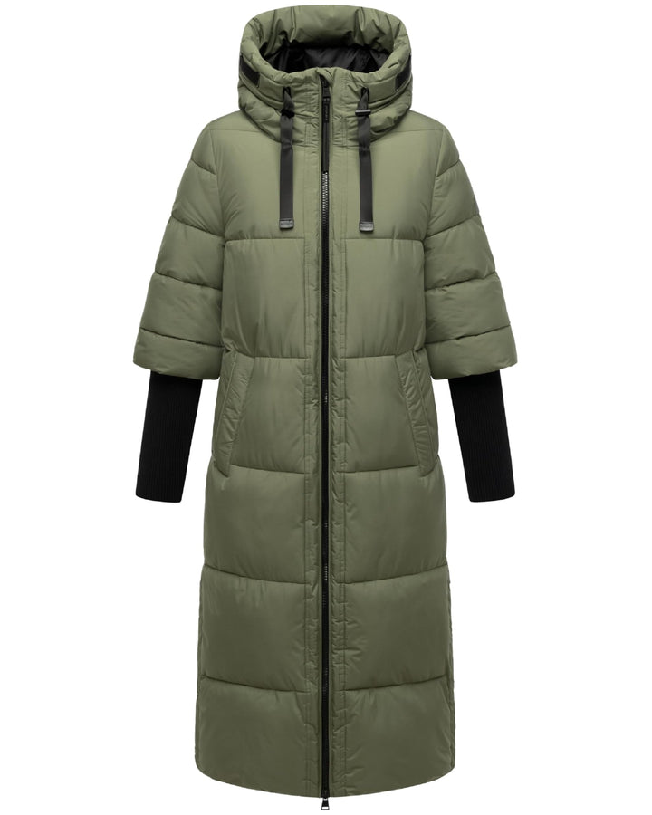Navahoo Damen langer Wintermantel warmer Steppmantel mit Kapuze und Rippstrickärmeln Ciao Miau XIV X