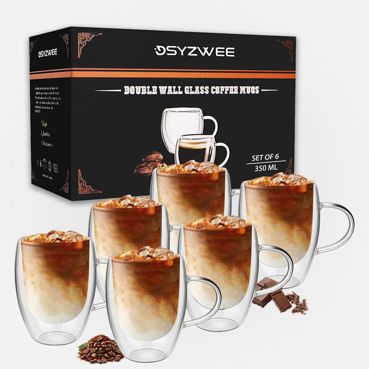 Latte Macchiato Gläser 350 ml, 6er Set, doppelwandige Kaffeegläser mit Henkel, aus Borosilikatglas,