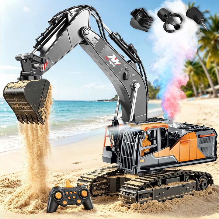 Charmofun 3-in-1 Ferngesteuerter Bagger mit DREI Metall-Aufsätzen Gelb, Gelb