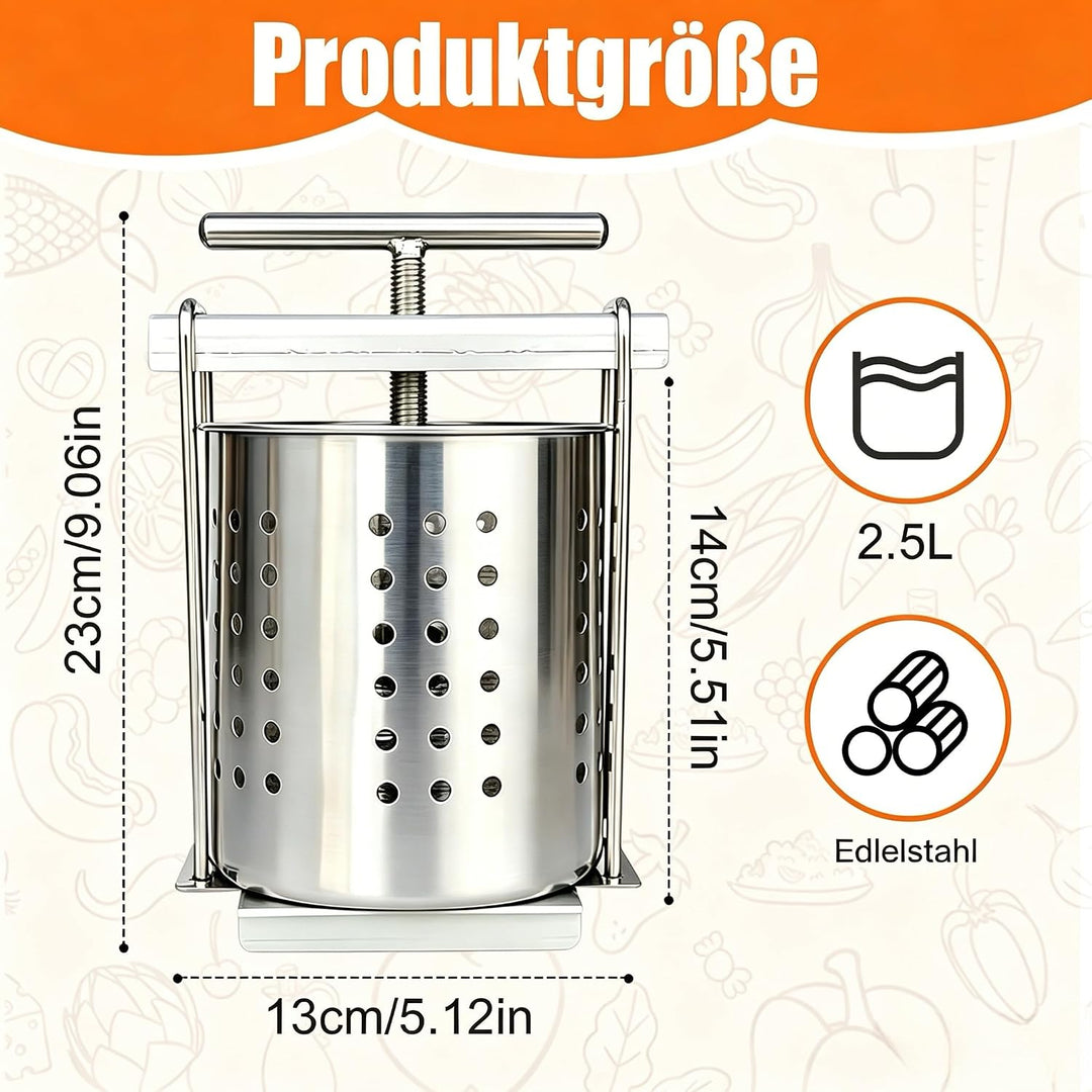 Edelstahl Gemüsepresse Manuell 2,5L – Spindelpresse zum Entwässern von Gemüse, Kohl und Sauerkraut –