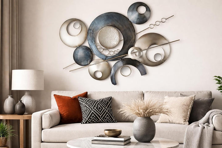 Kobolo Wandbild mit Kreisen und Spiegeln - Metall in den Farben grau und silber 114x66 cm, 114x66 cm