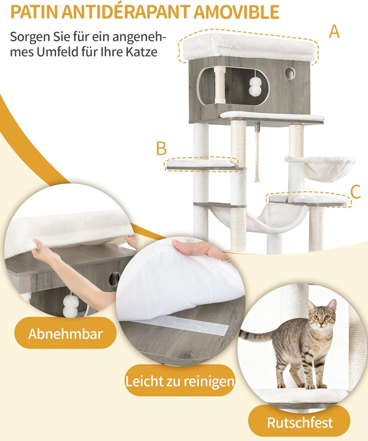 Hzuaneri Kratzbaum, Katzenbaum mit Katzenklo Schrank, Futterstation, 176 cm Hoch, mit grosser Plattf