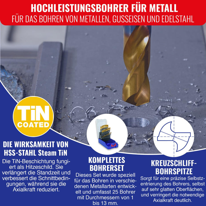 Tivoly 11453170017 T-Box Metallbohrer HSS Steam Tin Technic Ø 1 bis 13 mm x 0,5 mm, 25 Stück