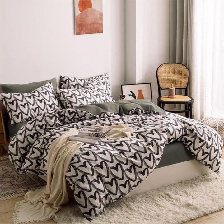 Freyamy Bettwäsche 200x220cm 3teilig Schwarz Weiss Herz Bettwaren-Sets Gebürstet Microfaser Weiche W