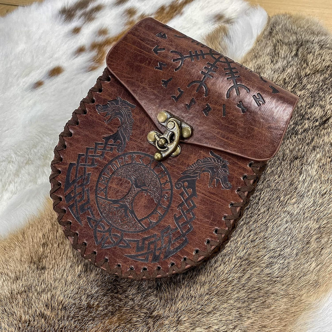 Mittelalterliche Gürteltasche, Braune Nordische Geprägte Gürteltasche, Drache Fenrir Wolf Ledergürte