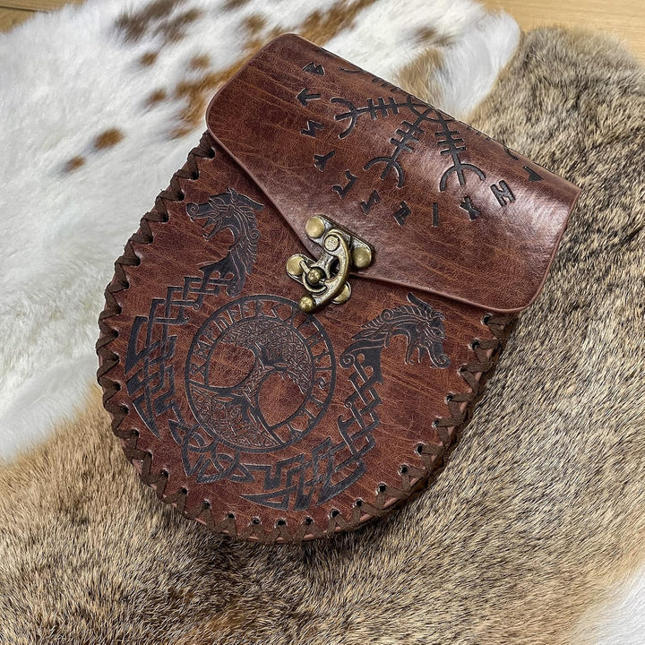 Mittelalterliche Gürteltasche, Braune Nordische Geprägte Gürteltasche, Drache Fenrir Wolf Ledergürte