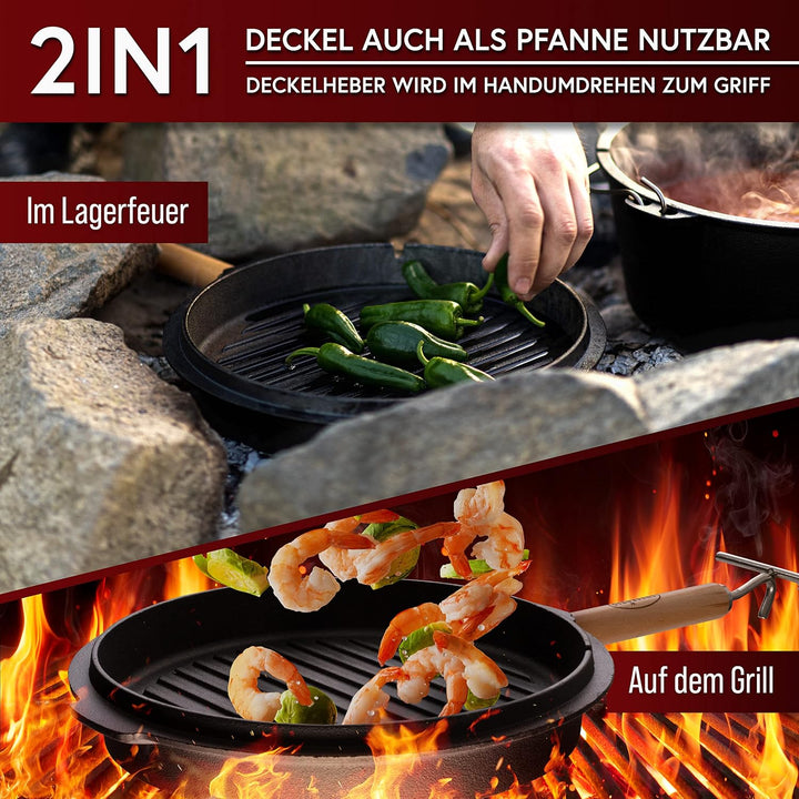 Dutch Oven Set–Eingebrannter Dutch Oven 4,5L [2-4Person]–Feuertopf Gusseisen ohne Füsse–Schmortopf D