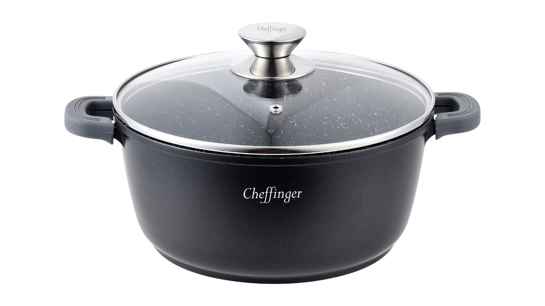 Cheffinger Kochtopf Aluguss Glasdeckel Induktion Marmorbeschichtung Suppentopf Pfanne Ø36 cm