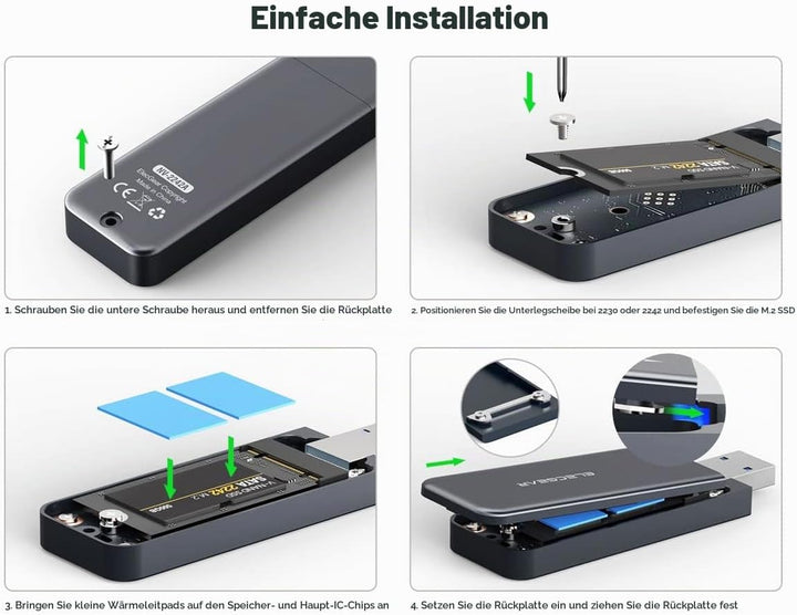ElecGear USB Mini Gehäuse für 2230/2242 NVMe und SATA M.2 SSD, PCIe and Serial ATA Aluminium Festpla