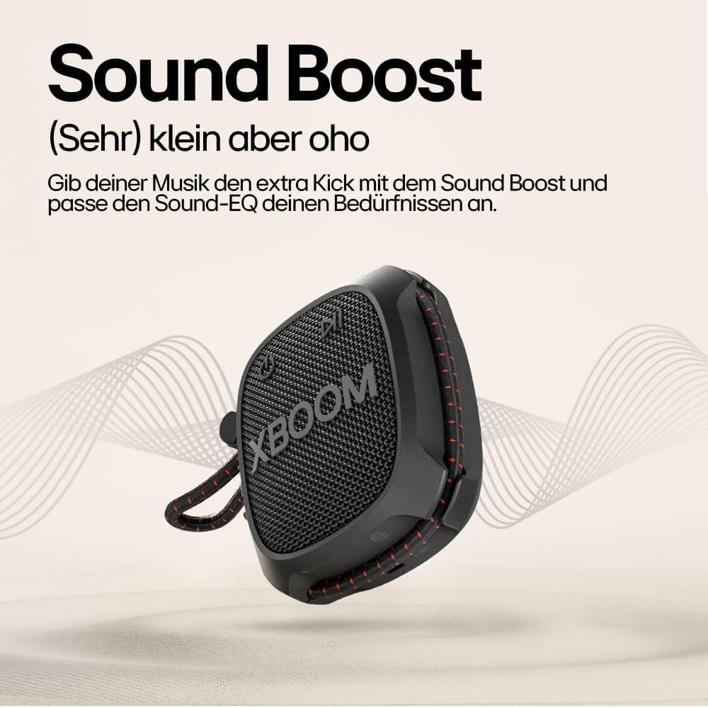 LG XBOOM Go DXG2T, tragbarer Bluetooth-Lautsprecher (5 Watt, Google Assistant, Siri, Strap), Schwarz