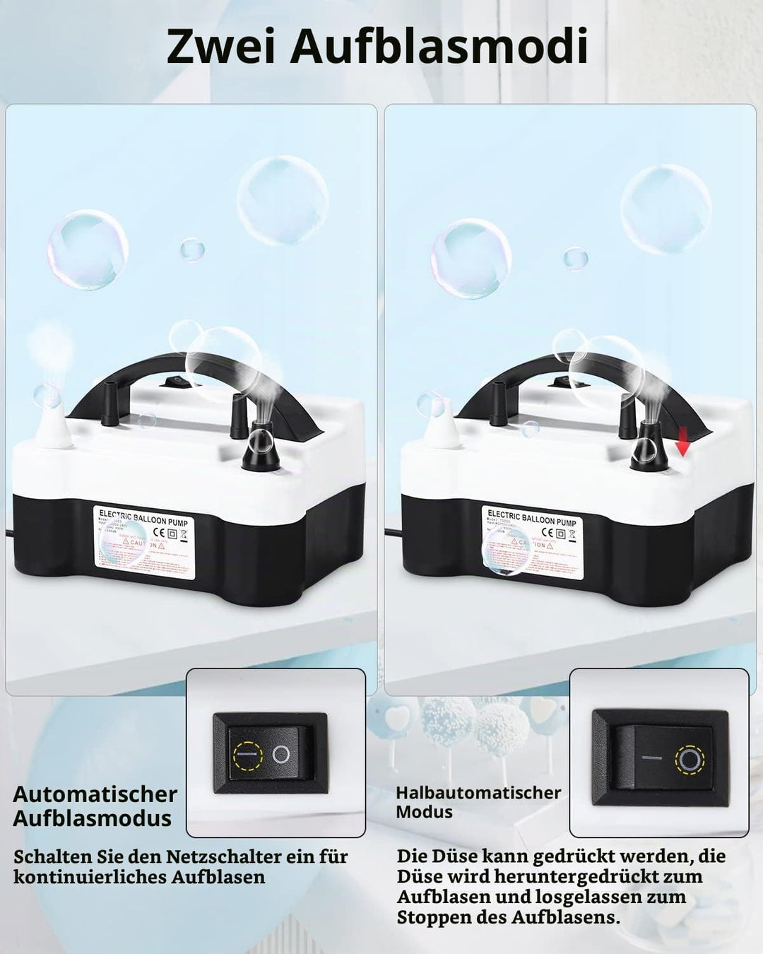Elektrische Ballonpumpe 600W, Doppeldüse, Auto/Halbauto