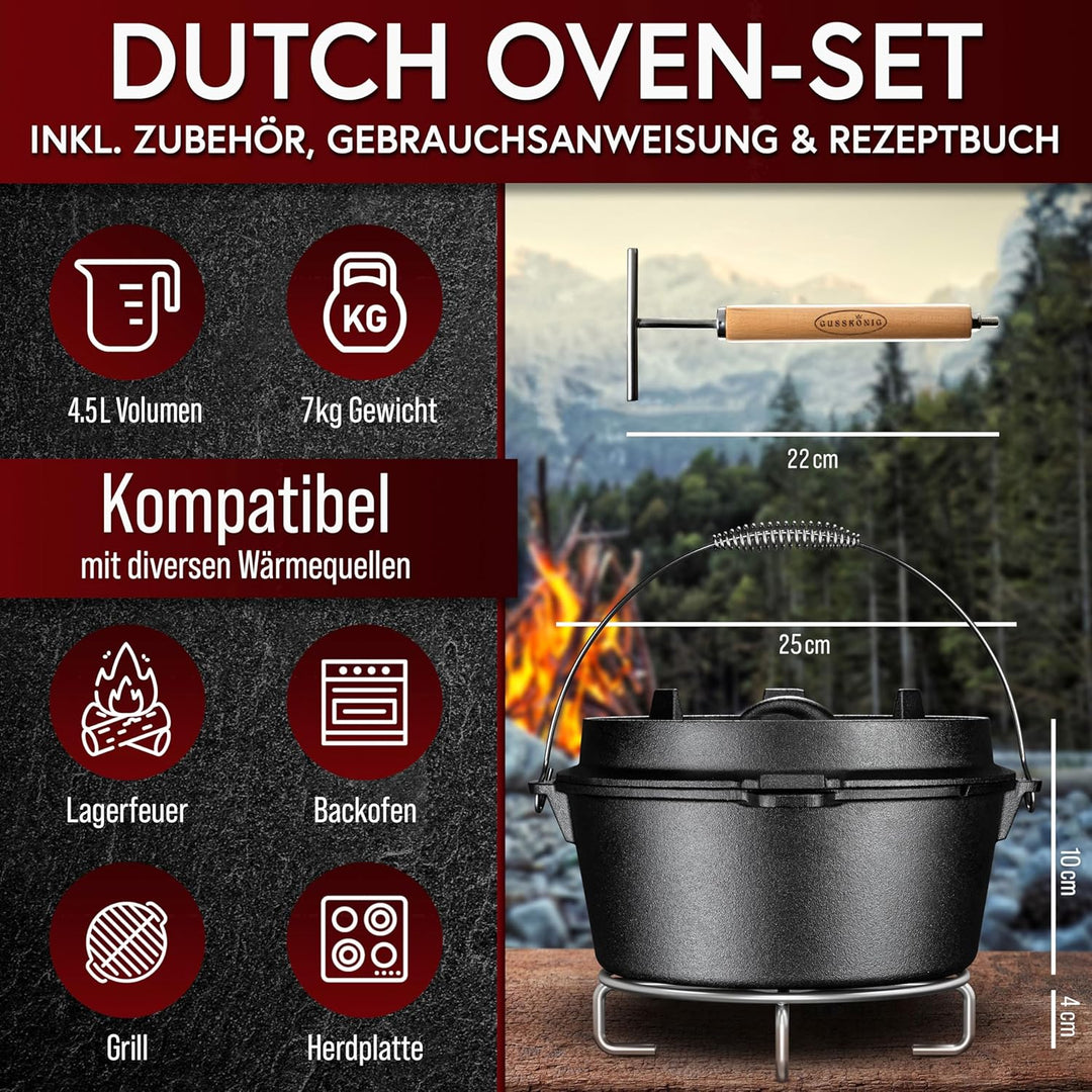 Dutch Oven Set 11-teilig – bereits eingebranntes Gusseisen Topf Set – Bratpfanne, Grilltopf, Deckelh