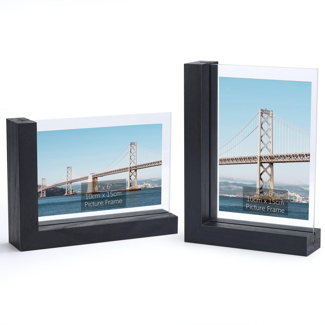 RLAVBL 2er Set Schwarze Bilderrahmen 10x15 cm, Doppelseitiger Glasbilderrahmen mit L-förmigem MDF-So