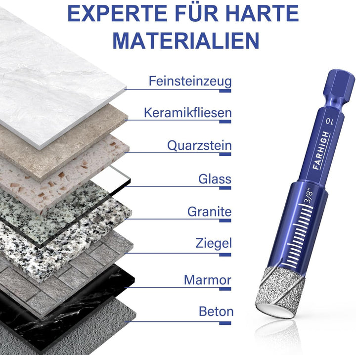 Diamantbohrer Fliesenbohrer Glasbohrer Set 9 tlg. 6, 8, 10, 12mm &amp; 6mm Wolframstahl-Legierungsbohrer