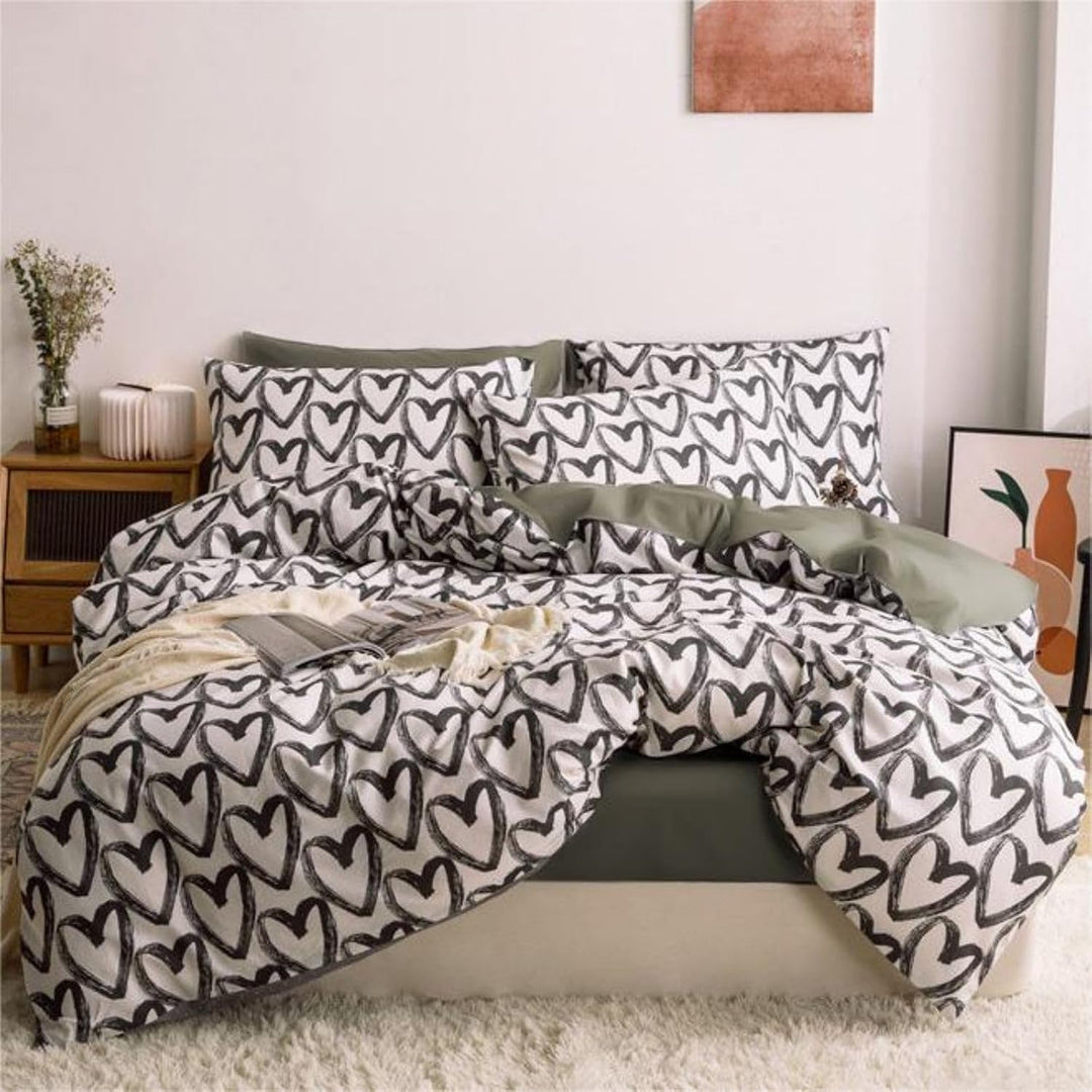 Freyamy Bettwäsche 200x220cm 3teilig Schwarz Weiss Herz Bettwaren-Sets Gebürstet Microfaser Weiche W