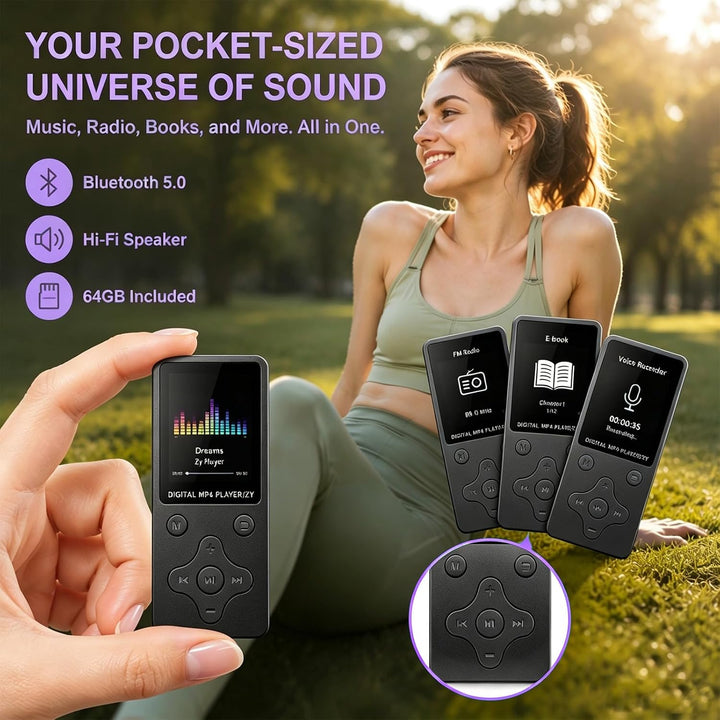 Bluetooth MP3 Player – Leichter MP3-Player mit Hi-Fi-Sound, Typ-C-Ladung, integriertem Lautsprecher,