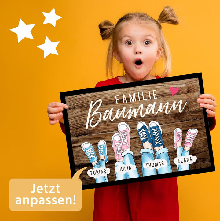 Fussmatte Personalisiert Familie bis zu 4 Kinder Aufdruck Turnschuhe Farben anpassbar rutschfest &amp; w