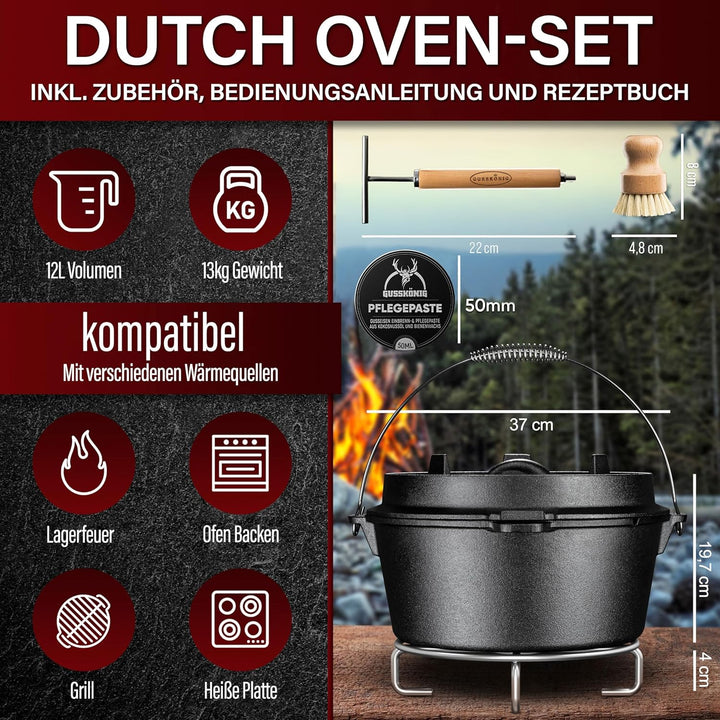 Dutch Oven Set-Eingebrannter Dutch Oven 12L [10-16 Person]-Feuertopf Gusseisen ohne Füssen-Schmortop