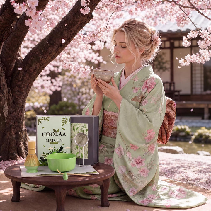 Matcha Set 7 Teilig mit Matcha Schale 500 ml, Matcha Besen, Besenhalter, Matcha Sieb, Bambuslöffel u