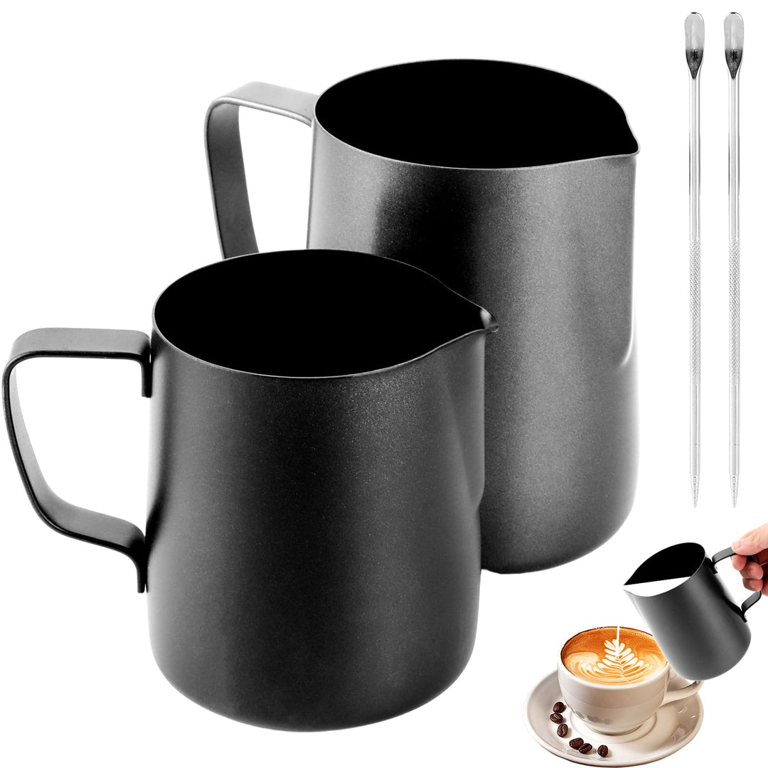 APACALI 2 Stück Milchkännchen Edelstahl Schwarz, Barista Milchschaumkännchen mit Messung Mark und La