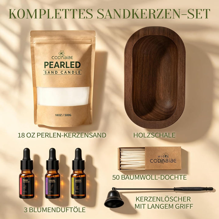 Kerzensand mit Docht DIY Set, 500g Kerzensand mit Duftöl &amp; Holzschale
