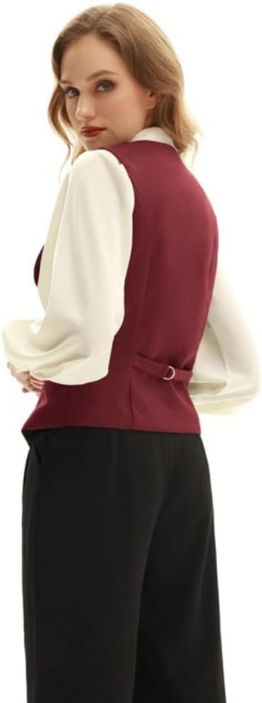 Belle Poque Damen Weste mit Gebogenes Revers V-Ausschnitt Karierte Weste mit Zwei Taschen Geometrisc