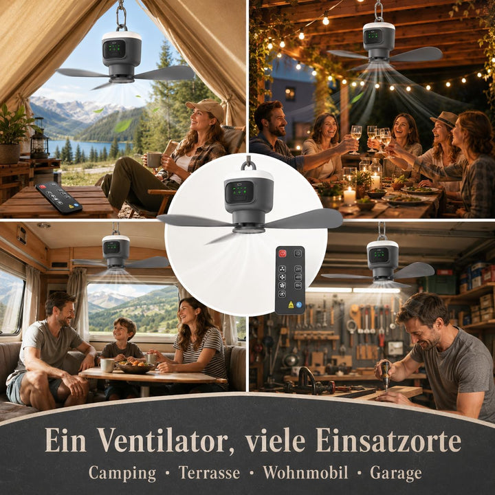 Tragbarer Deckenventilator mit Beleuchtung, 12000mAh Akku &amp; 4 Stufen Camping Ventilator mit Fernbedi