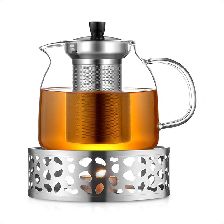ecooe 1000mL Teekanne mit Stövchen Teebereiter Glas und Edelstahl Teewärmer Type6 Silberne Teekanne