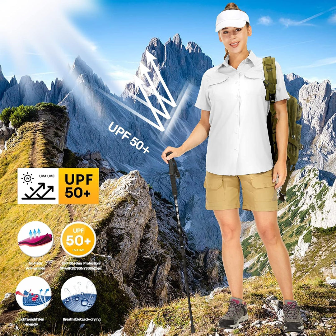 yeyity Hemdbluse Damen Kurzarm UV Schutz Wander Shirt Damen Atmungsaktiv Safari Hemd Schnelltrocknen