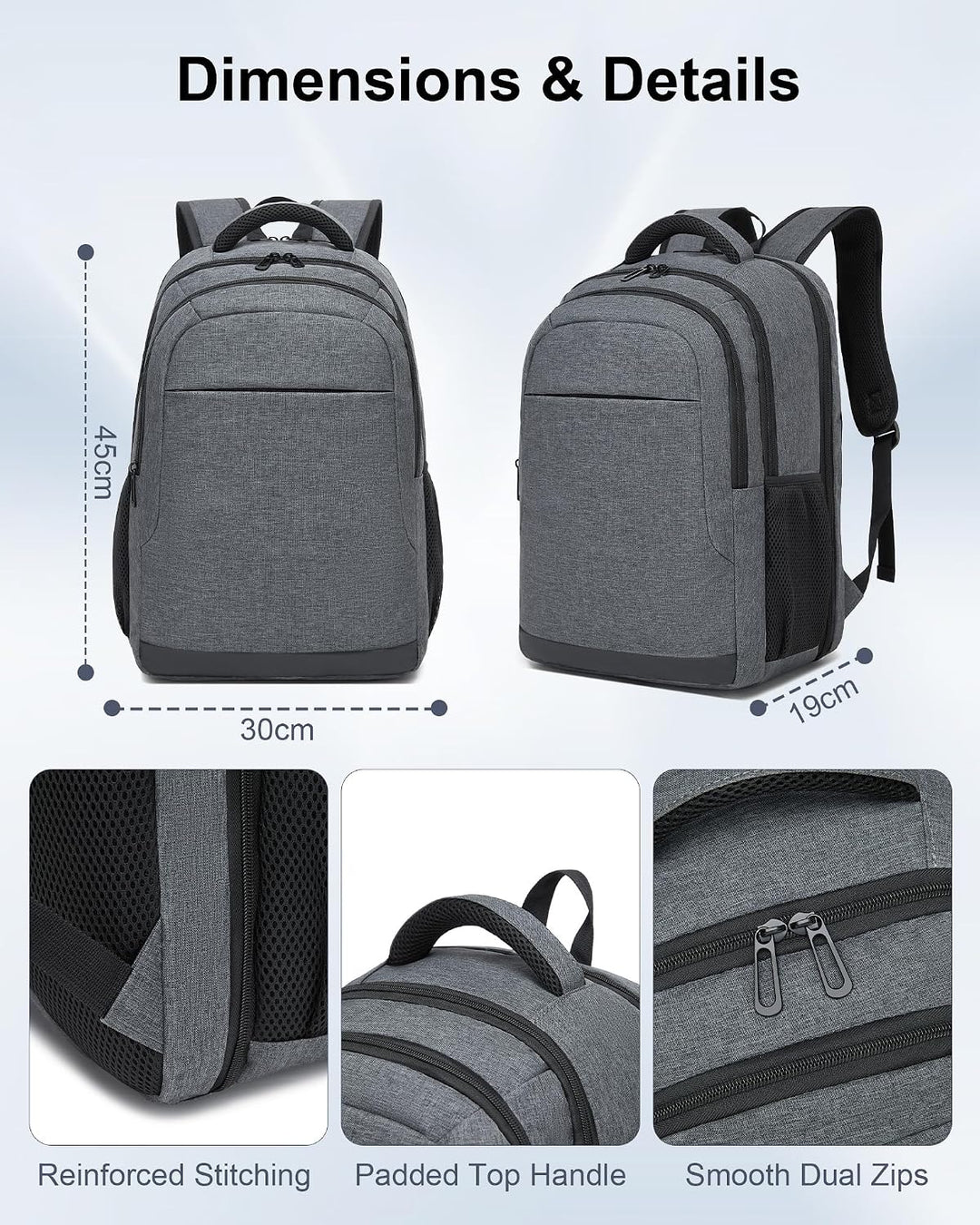 Laptop Rucksack 15,6 Zoll für Herren und Damen, Leichter Business Rucksack Grau, Grau
